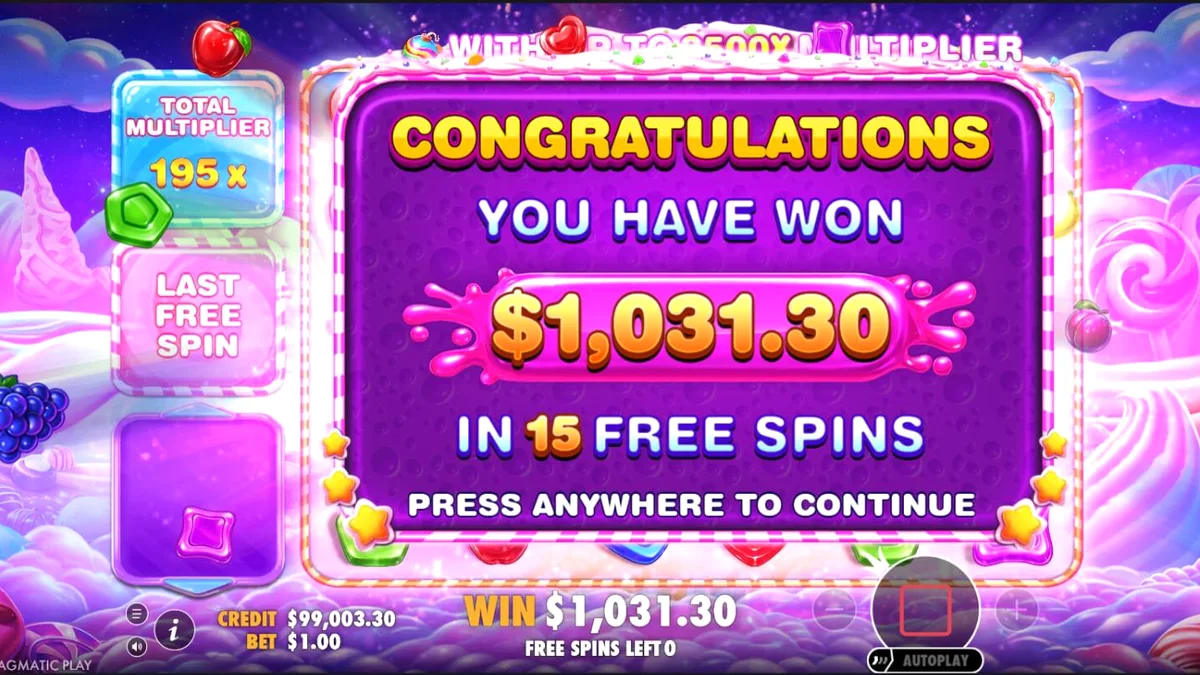 Pemandangan visual penuh warna dari slot Sweet Bonanza 2500 dengan simbol permen dan buah-buahan.